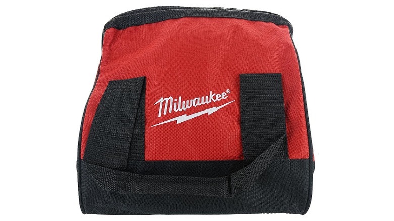 Red and black Milwaukee tool bag with handle strap