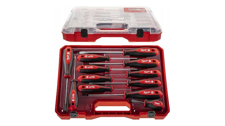 12 tri-lobe screwdrivers arranged in a red case with clear lid