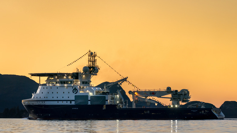 The Island Victory sailing close to the shore in the sunset