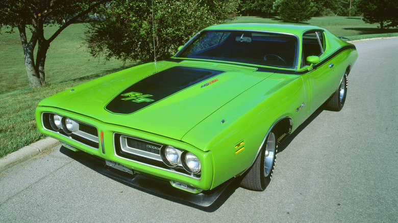 Front 3/4 view of green 1971 Dodge Charger R/T.