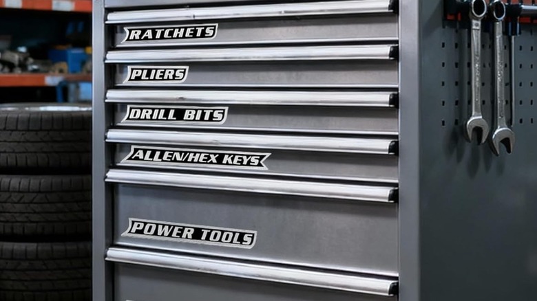 Magnetic tool box labels sticking to a metal tool box