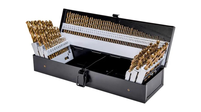 The drill bits from the Bauer 115-piece set in a black box, on a white background