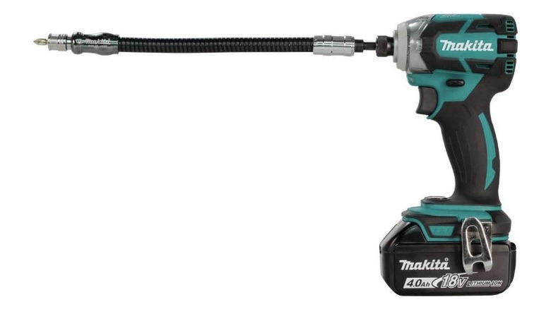 Makita 12-inch Flexible Impact Bit Holder attached to impact driver on white background