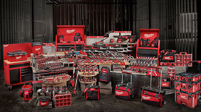 Milwaukee Tools on display in a garage 