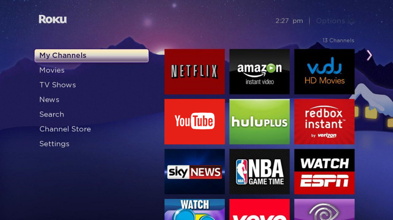 Roku home channel view with YouTube and other apps