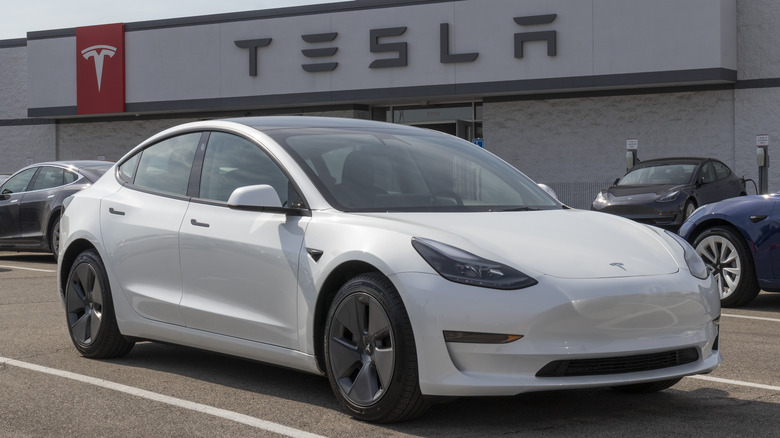 white tesla outside dealership 