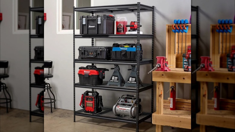 steel shelves with items