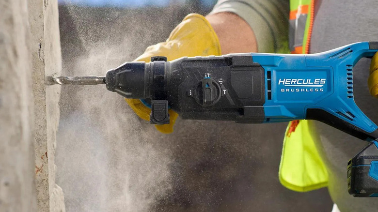Hercules 20V rotary hammer drilling through concrete