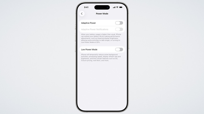 an iPhone against a white background showing Adaptive Power settings
