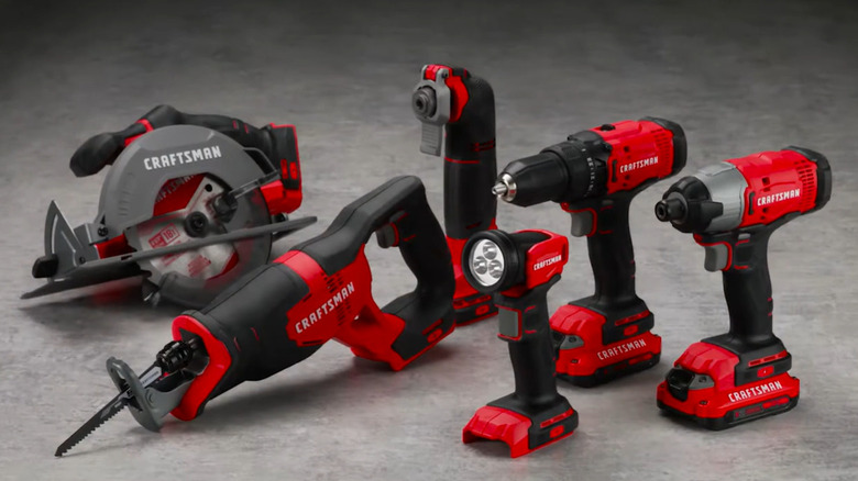 A view of six CRAFTSMAN products lined up on the floor