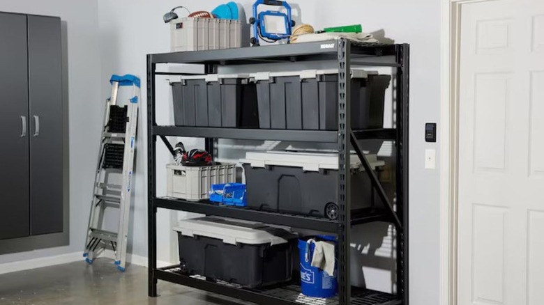 A view of a shelving unit in a garage