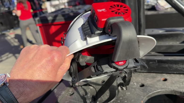Close up of helmet with BOLT REDLITHIUM USB Cooling Fan fitted.