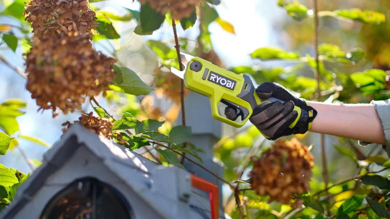 Ryobi USB Lithium pruning shears in action