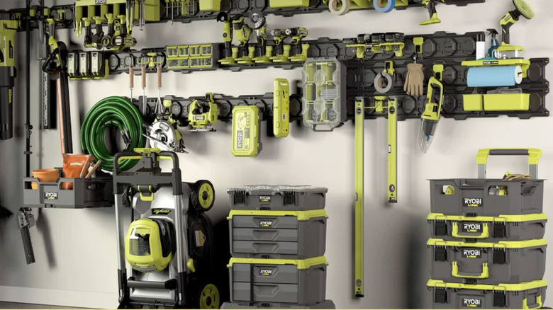 Ryobi tools on a garage wall