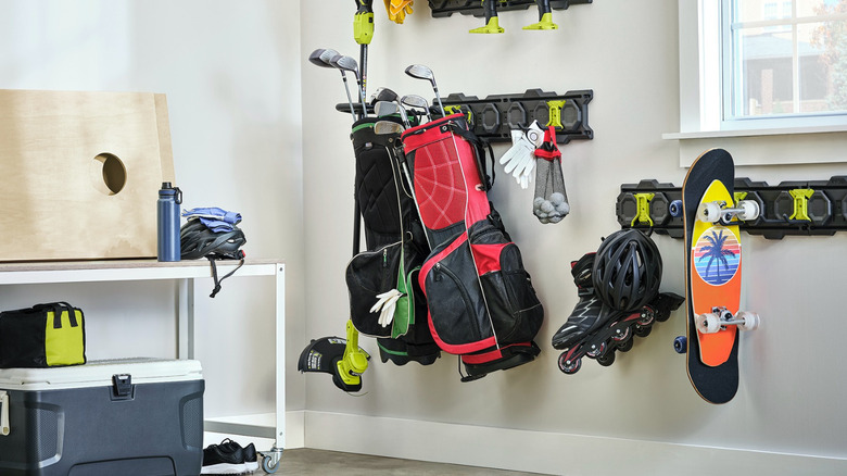 Ryobi Modular Wall System being used to store sports equipment