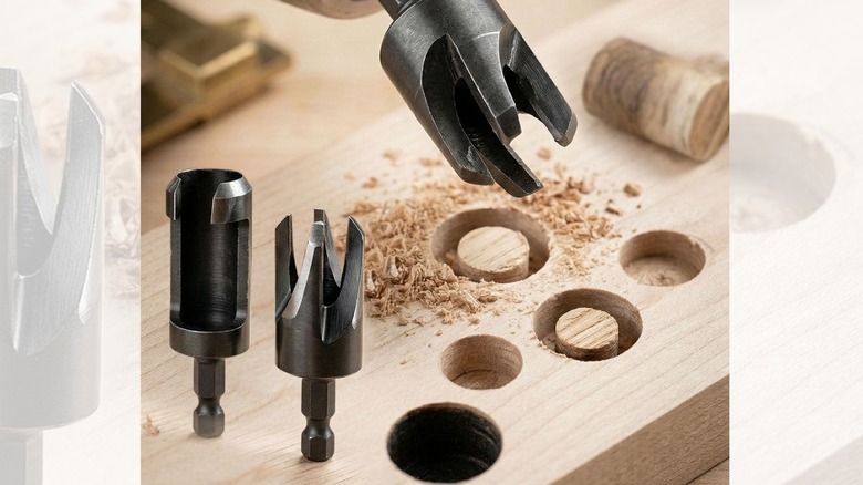 plug cutter drill bits showing their cuts on wood