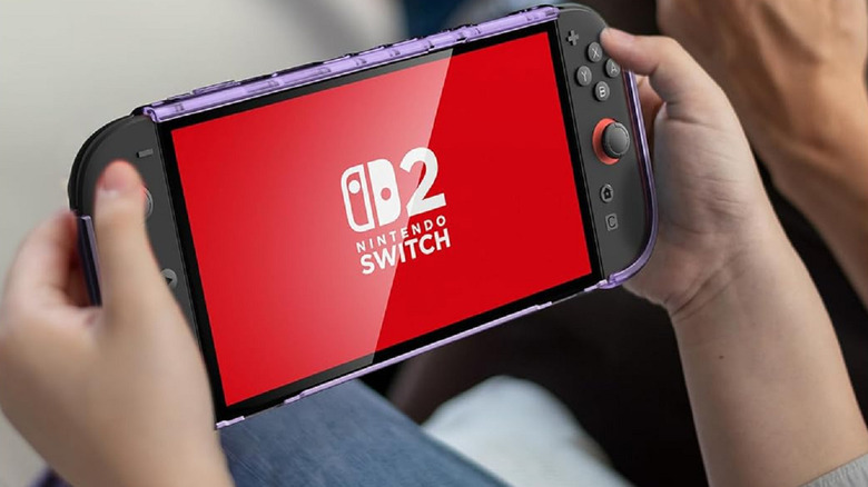 Someone gaming using a purple dockable Switch 2 case by Mumba.