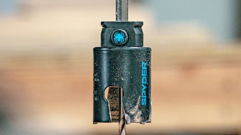 Close up of Spyder ½-inch Rapid Core Eject Hole Saw Arbor and hole saw