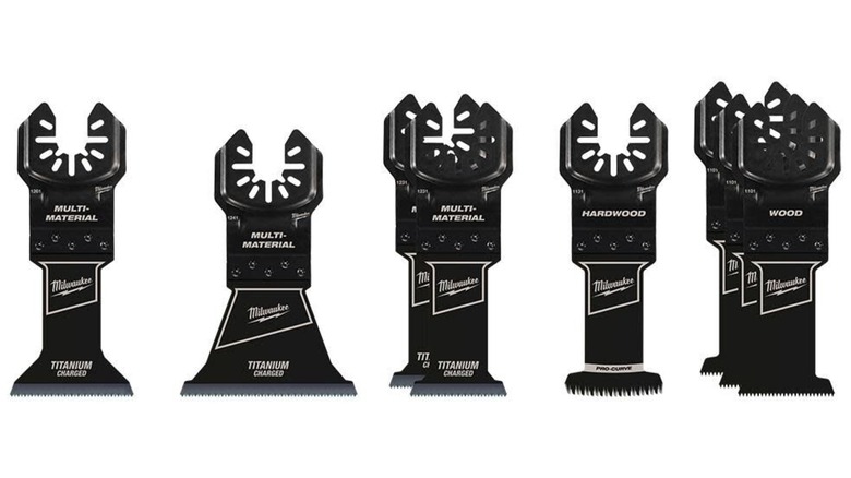 A stock image of multiple Milwaukee oscillating multi-tool blades.