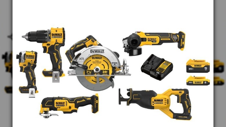 Tools in the DeWalt Max Lithium-Ion Cordless 6-Tool Combo Kit on a white background