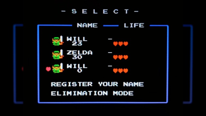 The save select screen from "The Legend of Zelda"