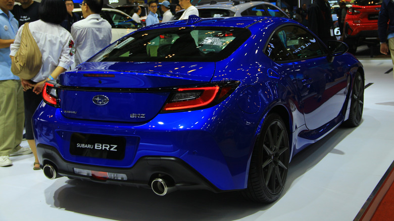 The rear of the Subaru BRZ at the Subaru booth at the GAIKINDO Indonesia International Auto Show (GIIAS) in Jakarta.