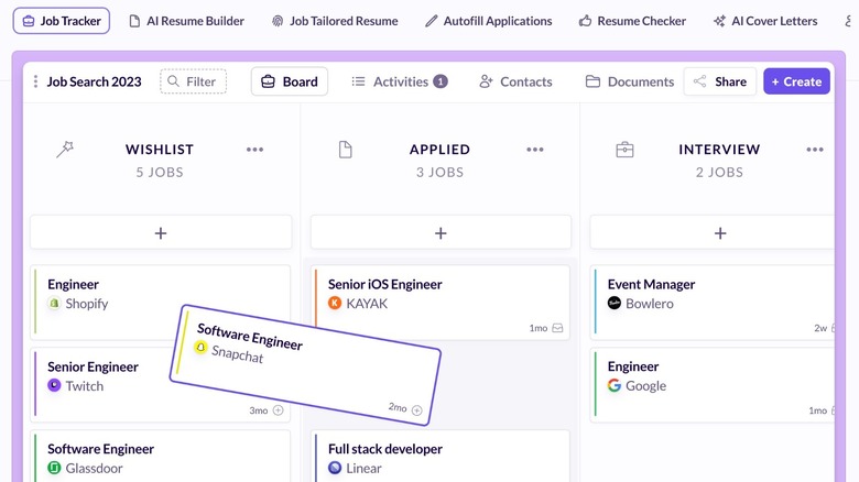 Job search mockup from Huntr