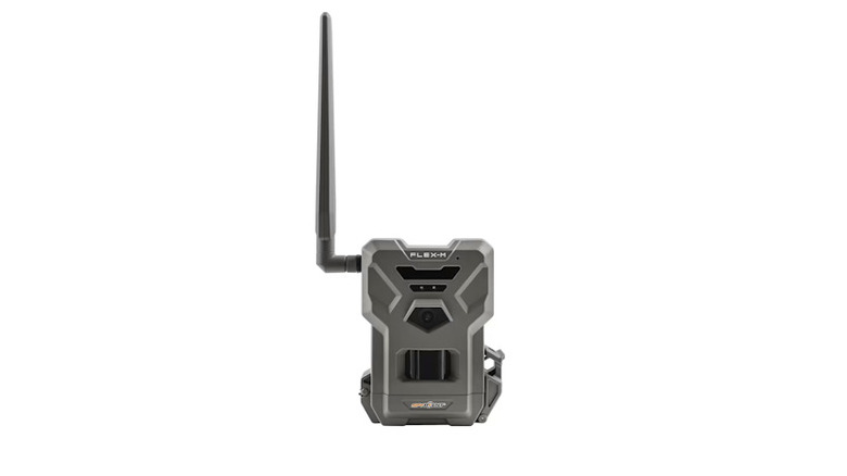 Silver and gray Spypoint Flex-M Trail Camera on a white background