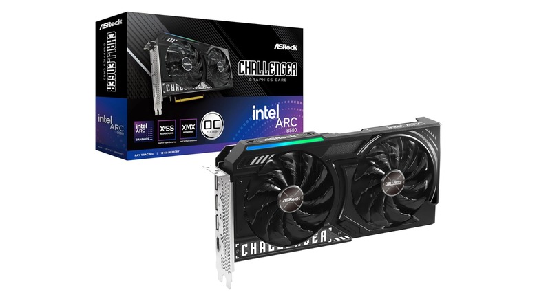 An ASRock Challenger Arc B580 graphics card next to its box.
