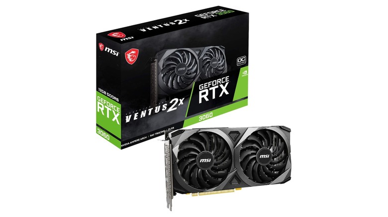 An MSI Ventus 2X model of the Geforce RTX 3060 12 GB graphics card with its box