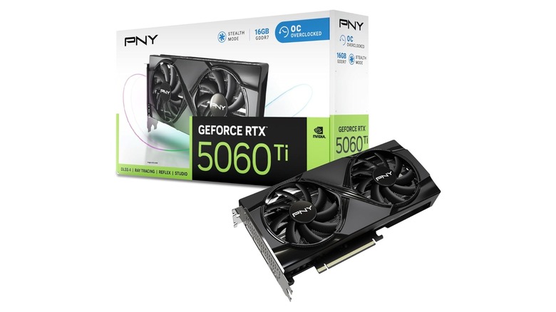 A PNY Geforce RTX 5060 Ti 16 GB graphics card with its box