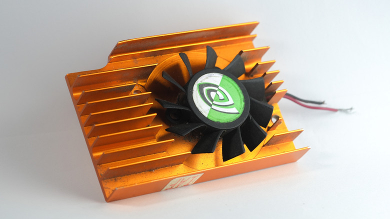 A small graphics card heatsink with a fan
