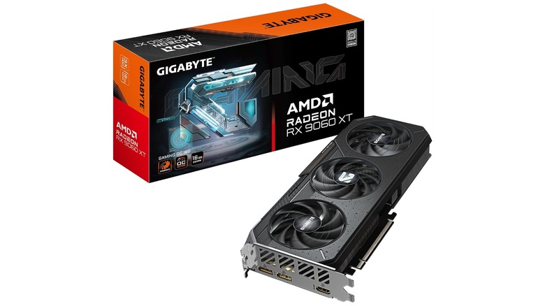 A Gigabyte Radeon 9060 XT 16 GB GPU next to its box.