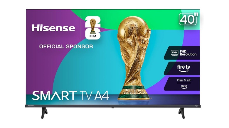 Hisense A4 Series TV showing a FIFA world cup trophy on a white background
