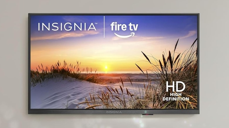 Insignia F20 TV on wall, displaying a beach at dusk.