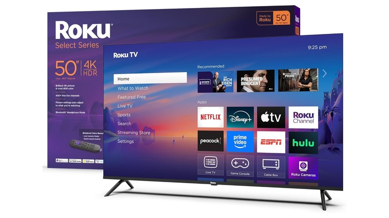 Roku Select TV next to its box on a white background