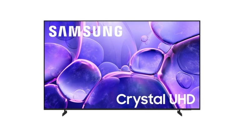 Samsung U8000F TV on a white background, displaying an abstract image