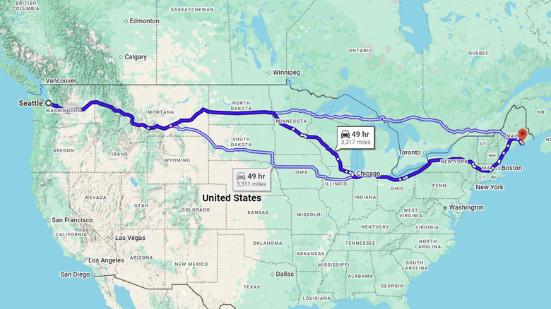 A road trip route that crosses the Northern U.S.
