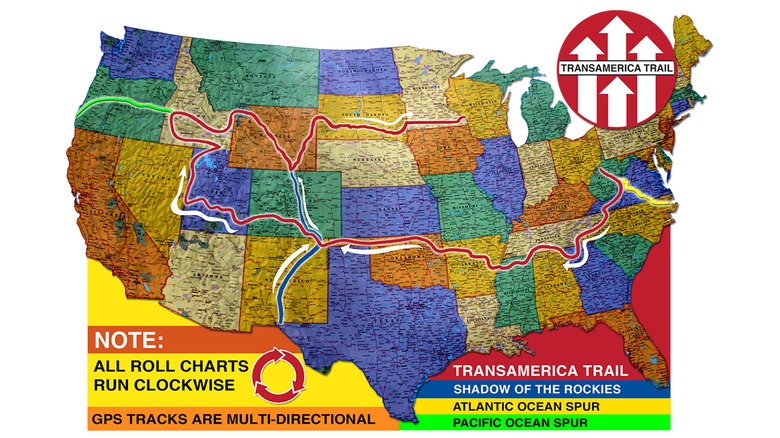 A map showing the path of the Trans American Trail with various labels
