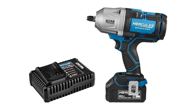 A blue and black Hercules impact wrench with charger, on a white background.