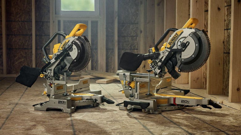 DeWalt 20V MAX XR 10-In. Double Bevel Fixed Miter Saw and 20V MAX XR 12-In. Double Bevel Sliding Miter Saw on job site