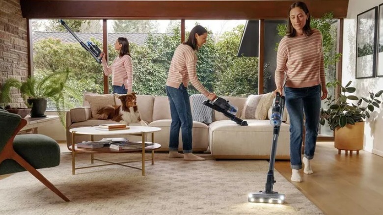 Woman cleaning with Bissell PowerClean FurGuard 280W in multiple situations
