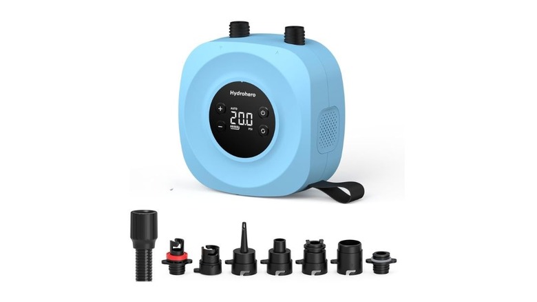 A blue Hydrohero Rechargeable SUP pump with seven nozzles.