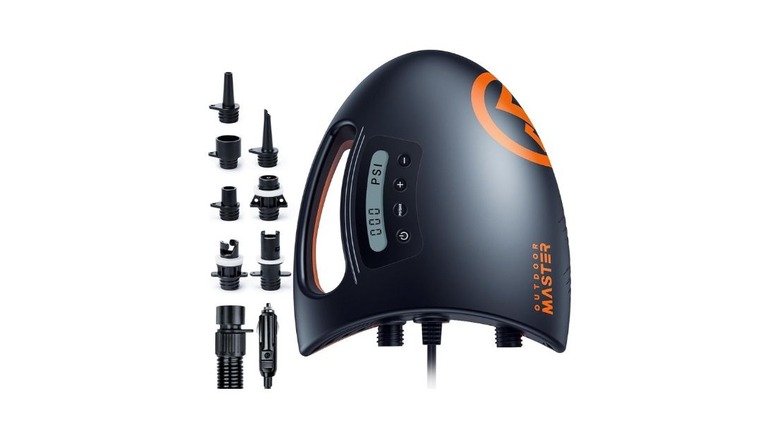 A black and orange OutdoorMaster Shark SUP pump next to nine attachments.