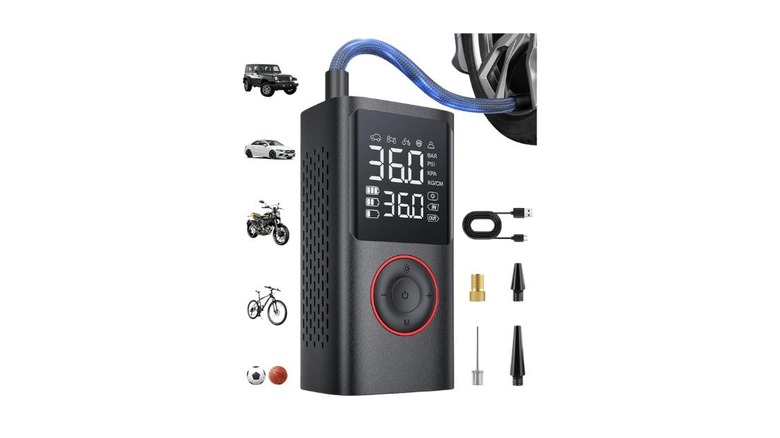 The Powools Air Compressor next to images of vehicles and included attachments.