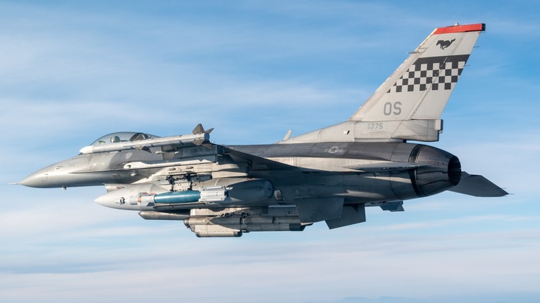 An F-16 Fighting Falcon flying over South Korea