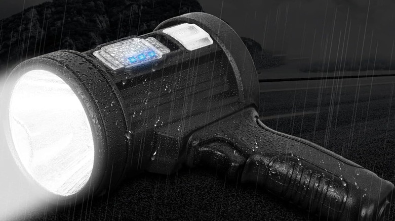 The Mixilin Handheld Spotlight in a rainstorm.