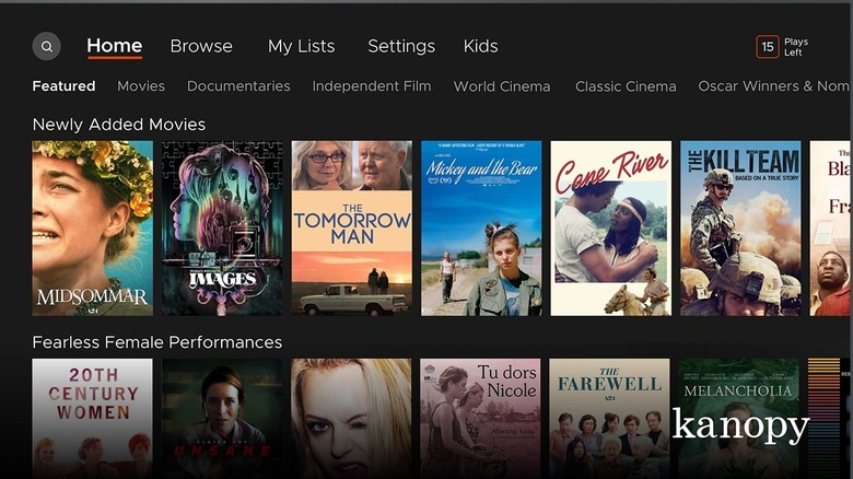 The Kanopy App showing movies and shows that people can watch, including 'Midsommar,' 'Images' and '20th Centure Women.'