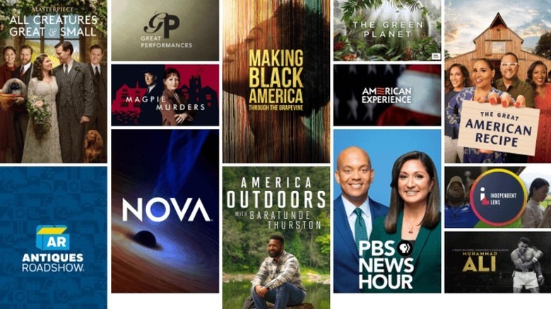 Posters for shows and movies offered on the PBS app, including 'All Creatures Great & Small,' 'Antiques Roadshow,' 'Great Performances' and more.