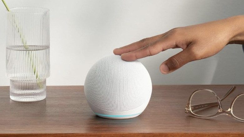 Person turning on Amazon Echo Dot